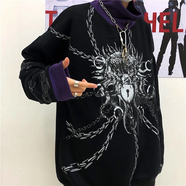 

women's hoodies & sweatshirts hirigin ladies leisure style loose hoodie autumn winter chain printing contrast color high collar long sl, Black