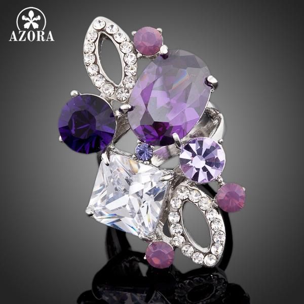 

cluster rings azora unique design white gold color purple austrian crystal ring tr0055, Golden;silver