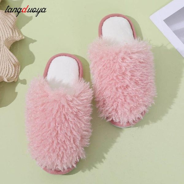 

home women slippers winter warm fluffy slip on flats slides white female faux fur plush mules footwear, Black