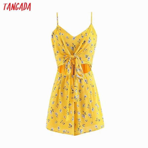 

tangada fashion women flowers print summer playsuit bow hollow out zipper female beach playsuit ja75 210609, Black;white