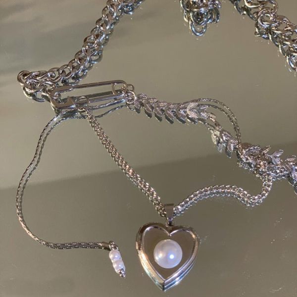 

pendant necklaces pearl love heart-shaped po box necklace stacking combination cool goth trend for women, Silver