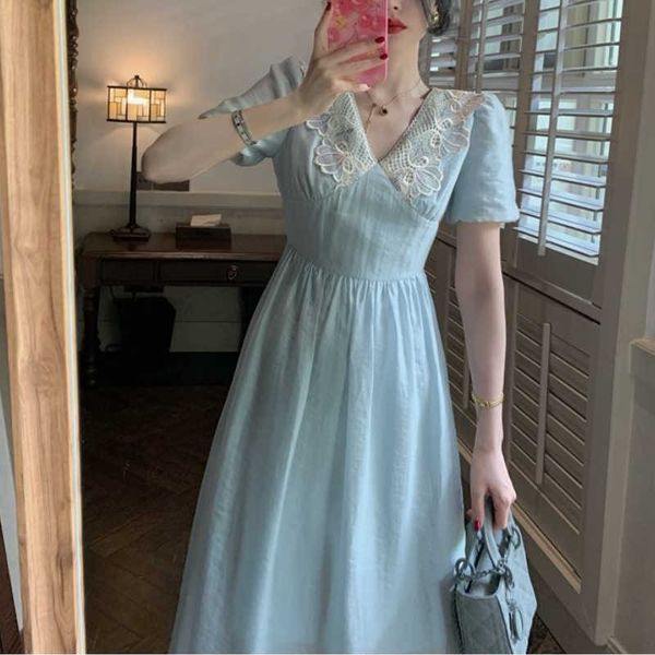 

summer elegant dres french style lace embroidery midi party female casual vintage office lady korean 210604, Black;gray
