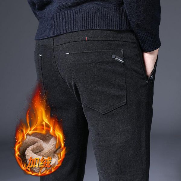 

men's pants winter plus fleece casual men middle - aged cotton business straight thick trousers long wholesale, Black