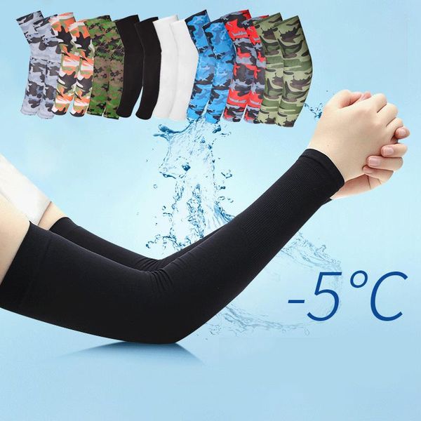 

elbow & knee pads 1pairs cooling arm sleeves cover cycling running uv sun protection outdoor sports men nylon cool ice sleeve, Black;gray