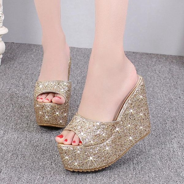 

arrival women shoes solid peep toe slip on platform bling pumps high wedges casual slippers, Black