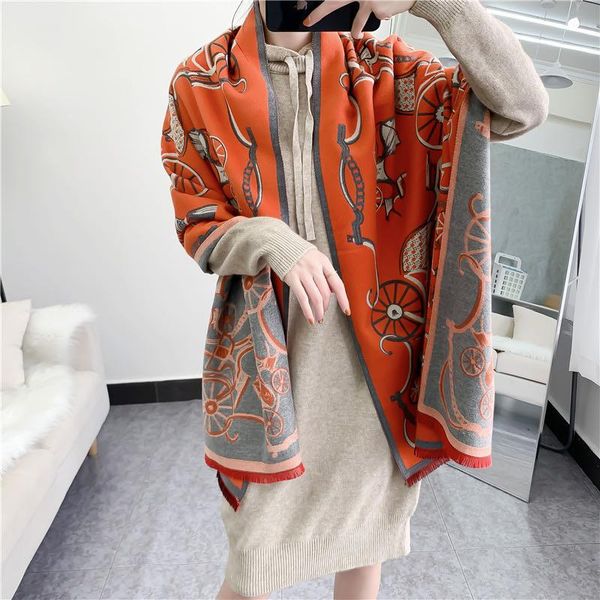 

scarves winter double sided scarf women cashmere warm pashmina foulard lady retro carriage thick soft shawls wraps, Blue;gray