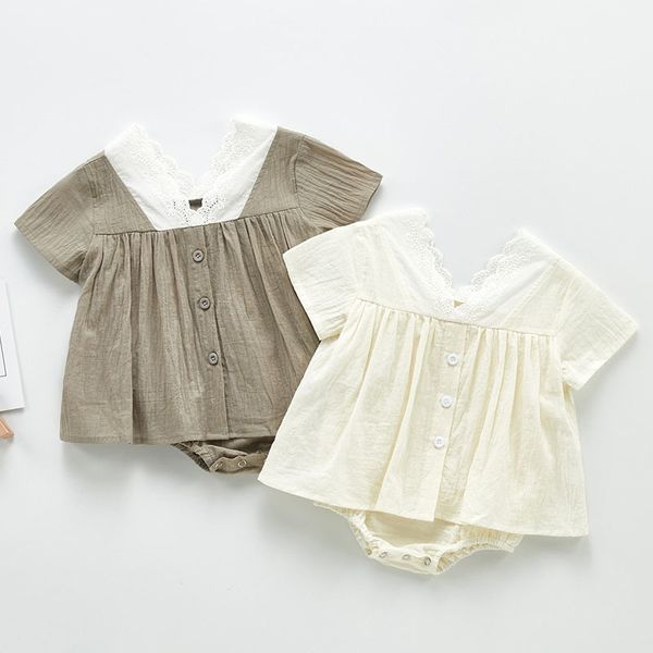 

summer baby girl rompers kids short sleeve lace born pure color clothes 210429, Blue