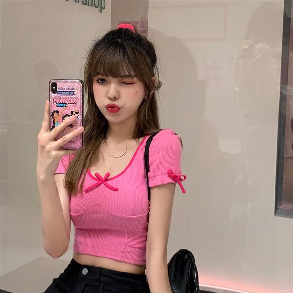 

women's t-shirt gonegoing 2021 summer women sweet pink crop tshirt bow kwaii o neck skinny short sleeve t shirts, White