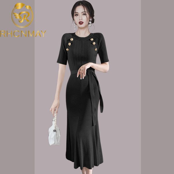 

korean vintage knitted mermaid dress women short sleeve o-neck belted pencil dresses elegant party ladies long vestidos femmeswimwear bathin, Black;gray