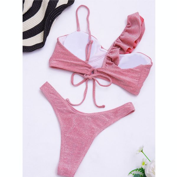 

ruffle women swimsuit female thong swimwear sparkle bikini high waisted bikini set pink swimming suit bathing suit beachwearswimwear bat, White;black