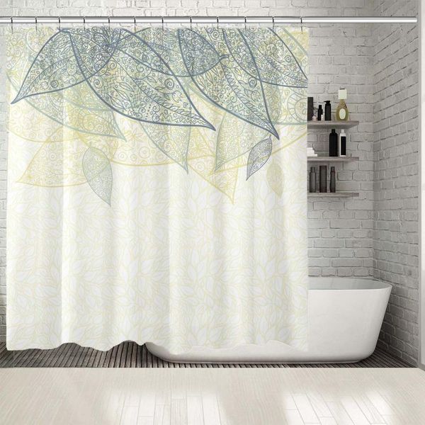 

shower curtains curtain leaves tribal patterns stylish nature theme doodle artwork printed yellow gray white