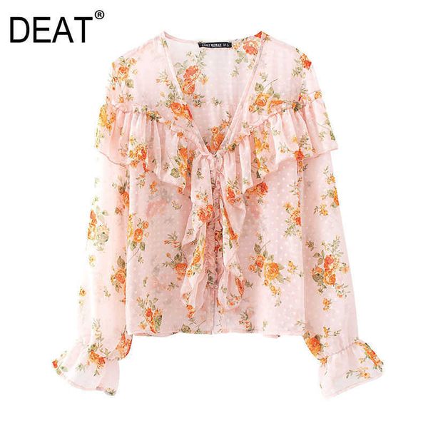

[deat] elegant women v-neck lantern sleeve ruffles printing loose shirt fashion autumn spring 13c279 210527, White