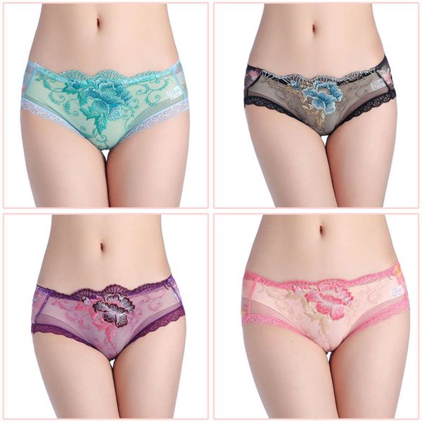 

rose lace embroidered underwear women's translucent low waist triangle screen printing, Black;pink