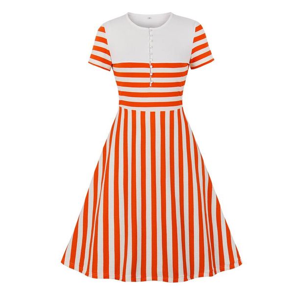 

party dresses white and orange striped button up o-neck knitted tunic dress for women short sleeve casual summer 2021 clothes vintage style, White;black