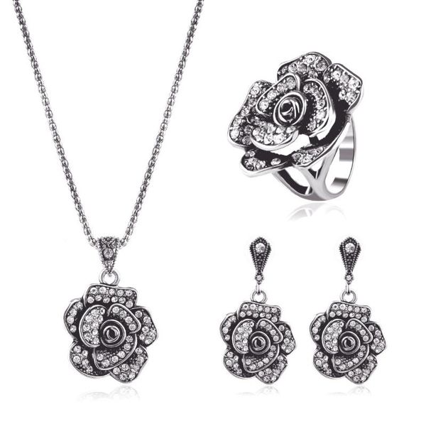 

earrings & necklace turkish style alloy jewelry fashion crystal flower maxi ethnic ring set trendy women, Silver