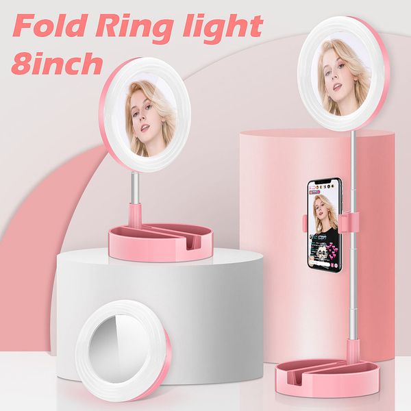 Lampada ad anello retrattile G3 con specchio Supporto per telefono cellulare da 6 pollici LED Fotografia dal vivo Luce di riempimento Tavolo da trucco Beauty Vanity Light UF158