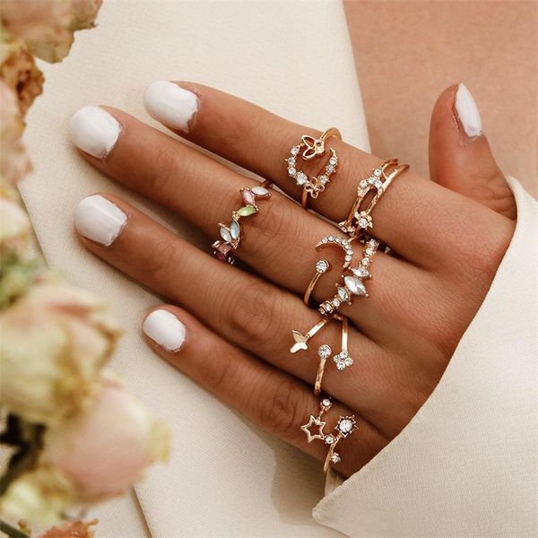 

cluster rings exquisite women set moon star crown butterfly geometric crystal knuckle gold ring valentine's day gift jewelry, Golden;silver