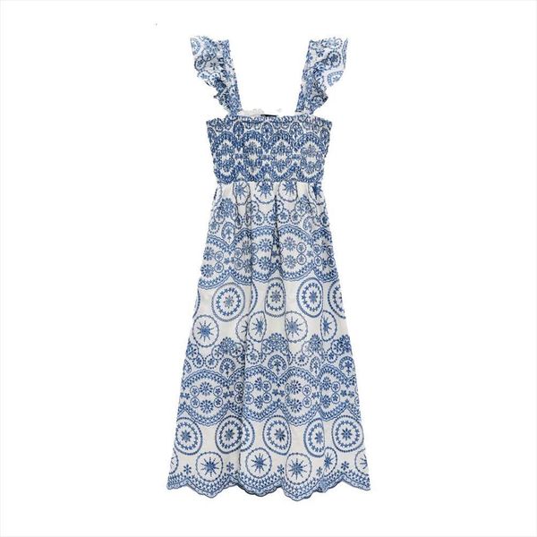 

za summer temperament was thin women dresses and chic ruffled long hollow embroidery strap, Black;gray