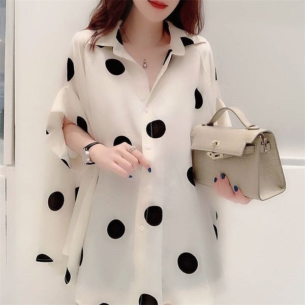 

korean style summer short sleeve chiffon blouse simple polka dots chic casual shirt oversize fashion office lady work 210323, White