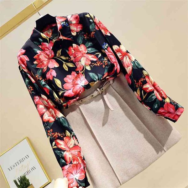 

spring autumn women's long-sleeved shirt flower fashion all-match printed blouse women gd588 210506, White