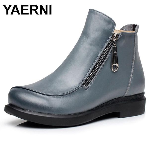 

boots yaerni 2021 autumn lady winter short flat heels shoes genuine leather side zipper women ankle e401, Black