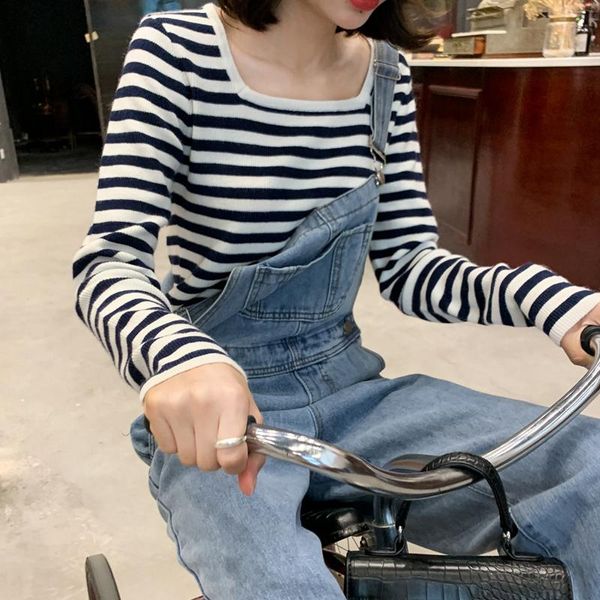 

women's knits & tees 2021 early autumn high waist square collar black and white striped slim fit slimming knitted bottoming shirt