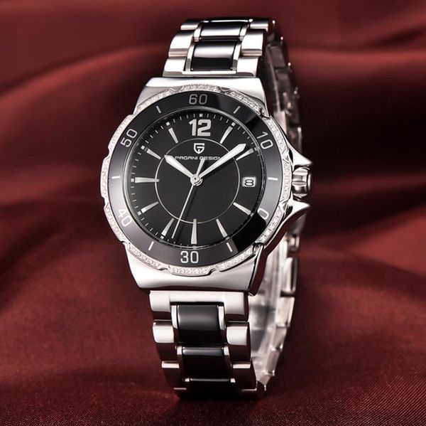 

wristwatches black ceramic lady watches women quartz calendar dress stainless steel case with diamond pagani a337, Slivery;brown