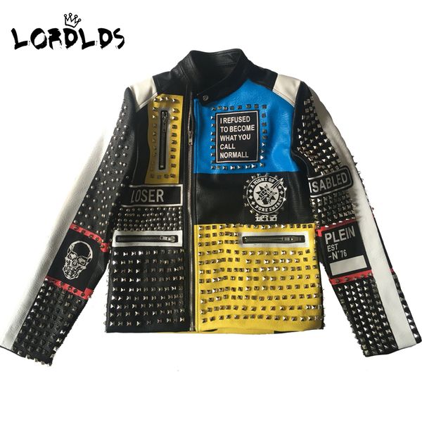 

lordlds men leather jacket 2021 fashion motorcycle style studded punk rock cool zipper streetwear biker coats, Black