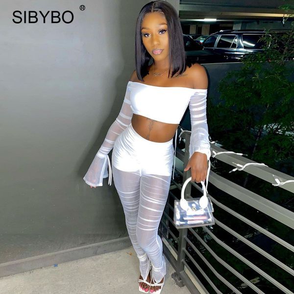 

sibybo 2 piece set women outfit spring fall slash neck and leggings suit femme mesh see through streetwear matching sets, Black;white