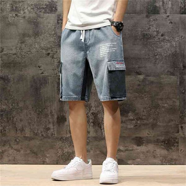 Homens Denim Shorts Streetwear Cintura Elástica Calha Bermuda Masculino Big Bolso Casual Meio Jean Moda Carga 210806