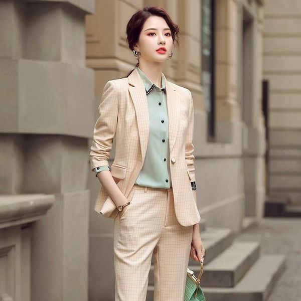 

plus size 4xl high-quality 2 piece set plaid pant suit fashion blazer office lady casual designs women jacket and pants women's two, White