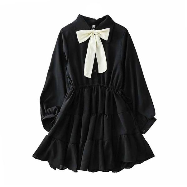 

bow turn down collar dress mini short elegant sweet women female black white long sleeve d1680 210514, Black;gray
