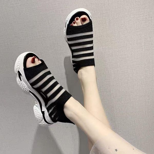 

dress shoes women sports sandals 2021 summer fashion fish mouth slope heel outside wear comfort beach casual all-match, Black
