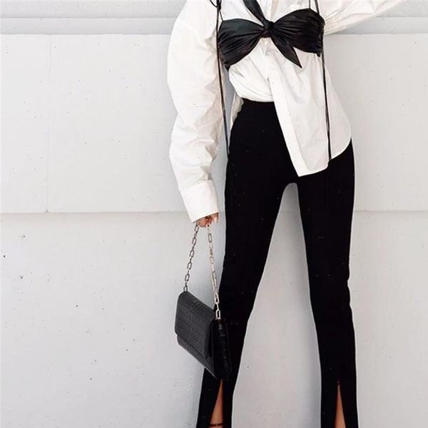 

elegant front slit trousers womens capris with zipper color high waist bell bottom pants slim fit legging for spring and, Black;white