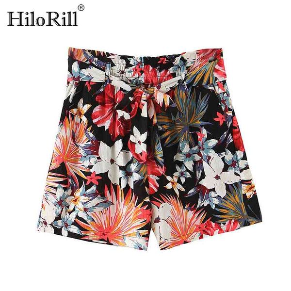 

bohemian floral print shorts with belt women high waist vintage casual female holiday summer bottoms 210508, White;black