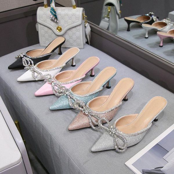

dress shoes 2021 summer slides pointed high heels bowknot rhinestone sandals baotou slippers mid-heel, Black