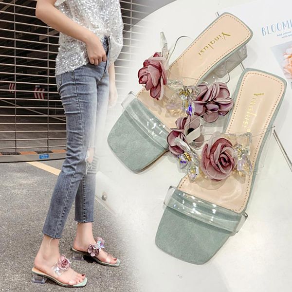 

slippers summer fashion women open toe rhinestone flower design clear think mid heels dress sandals beach shoes vacation slipper, Black