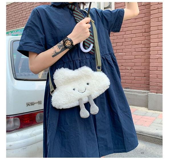 

cross body pure color white cloud plush messenger bag ladies shopping mobile phone soft handbag coin purse shoulder with zipper