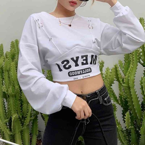 Cool Letter Print Harajuku Y2K Pullover Donna Hip Hop Anello in metallo Top corto Streetwear Felpa corta Donna Basic Goth Outfit 210709