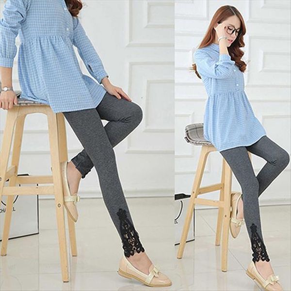 

lace flower fitness pant slim womens legging elastic ankle length trousers, Black