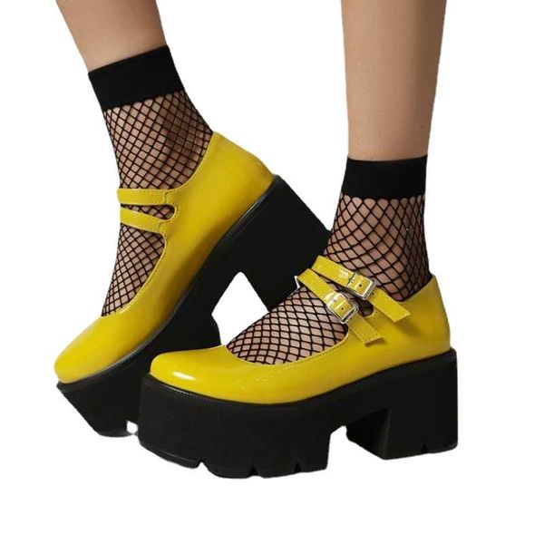 

2021 soft leather women's shoes with high heels round head leisure cingulate mary jane sponge thick thick with more yards, Black