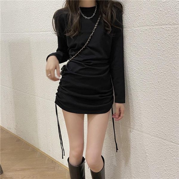 

casual dresses drawstring knitted dress women's autumn korean version of the slim girl was thin long-sleeved little black, Black;gray