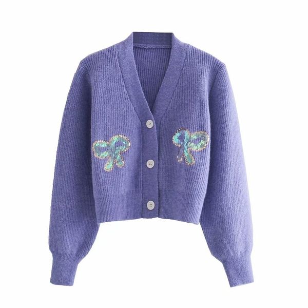 Sexy V Neck Mulheres Curto Cardigan Summer Bow Lantejoulas Senhoras Suéteres Roxo Casual Feminino Knitwears Meninas Camisas 210430