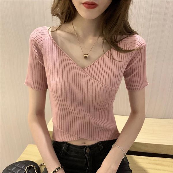 

women's t-shirt short sleeve summer 2021 high waist net red ice silk knitted top, White