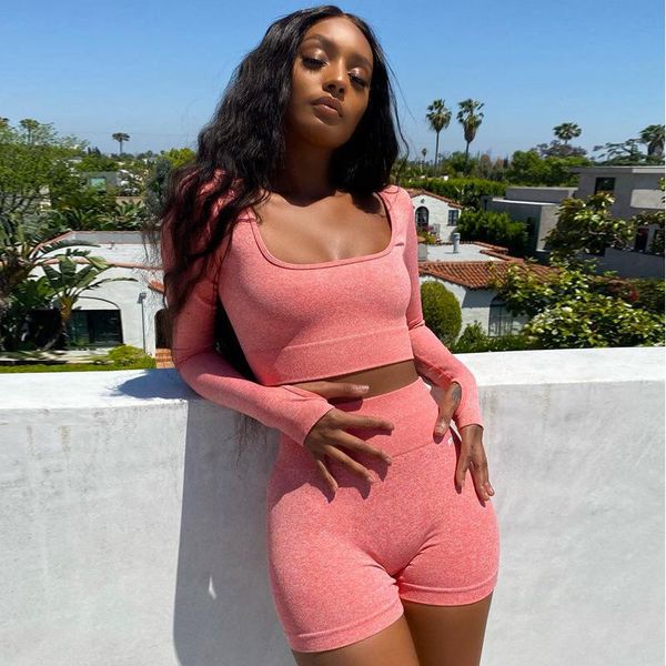 

women's tracksuits fall 2021 solid color long-sleeved tight shorts short five-point two-piece casual fitness clothes sports women, Gray