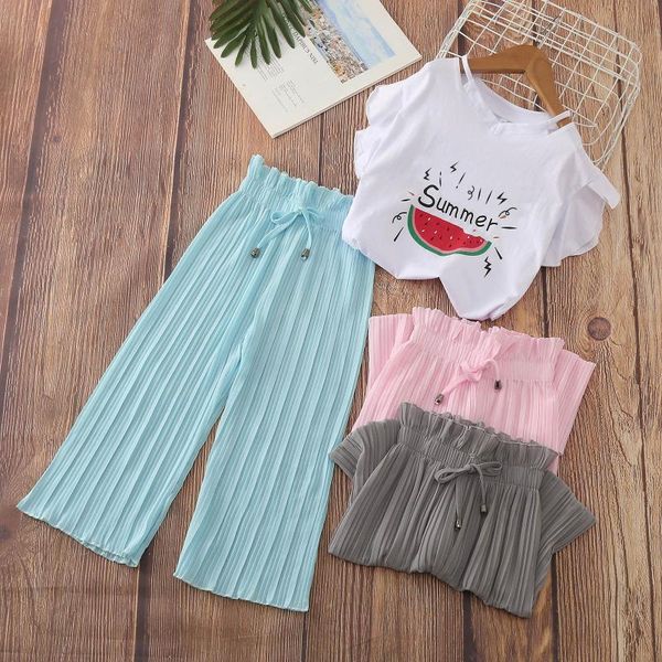 

clothing sets children baby girls clothes cute sleeveless letter print t-shirt ruffle loose lace-up pants summer kids casual outfits, White
