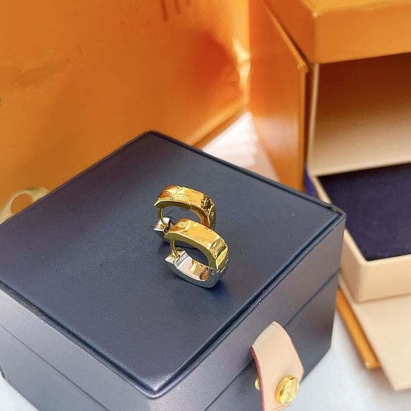 

new arrival extravagant lady gold silver bicolor huggie studs charm classic monogram design earrings stainless steel silver elagant jewelry, Golden;silver
