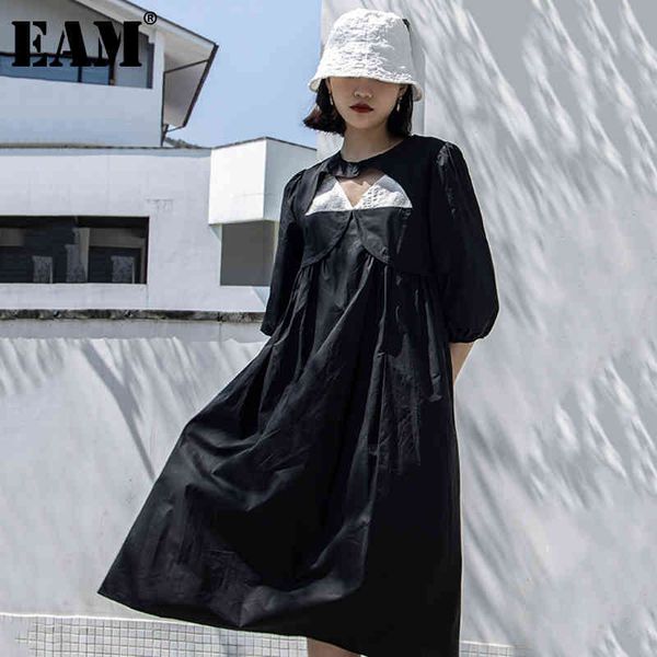 

[eam] women black contrast color hollow out dress round neck three quarter sleeve loose fashion spring summer 1dd8473 21512, Black;gray