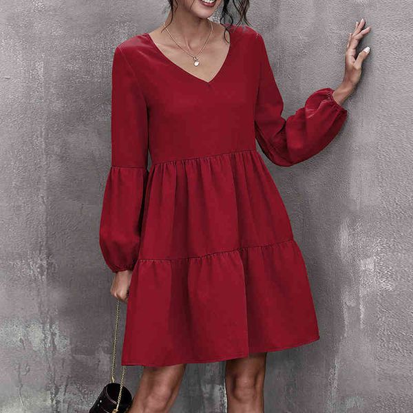 

autumn solid color long sleeve loose v neck short dress for women's a-line vintage mini cute dress elegant women dress vestidos 210514, Black;gray