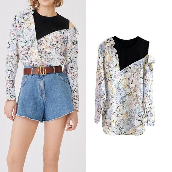 

women's jackets fadan m family 2021 spring and summer off shoulder printing embroidery hollow out shirt floral medium length long, Black;brown